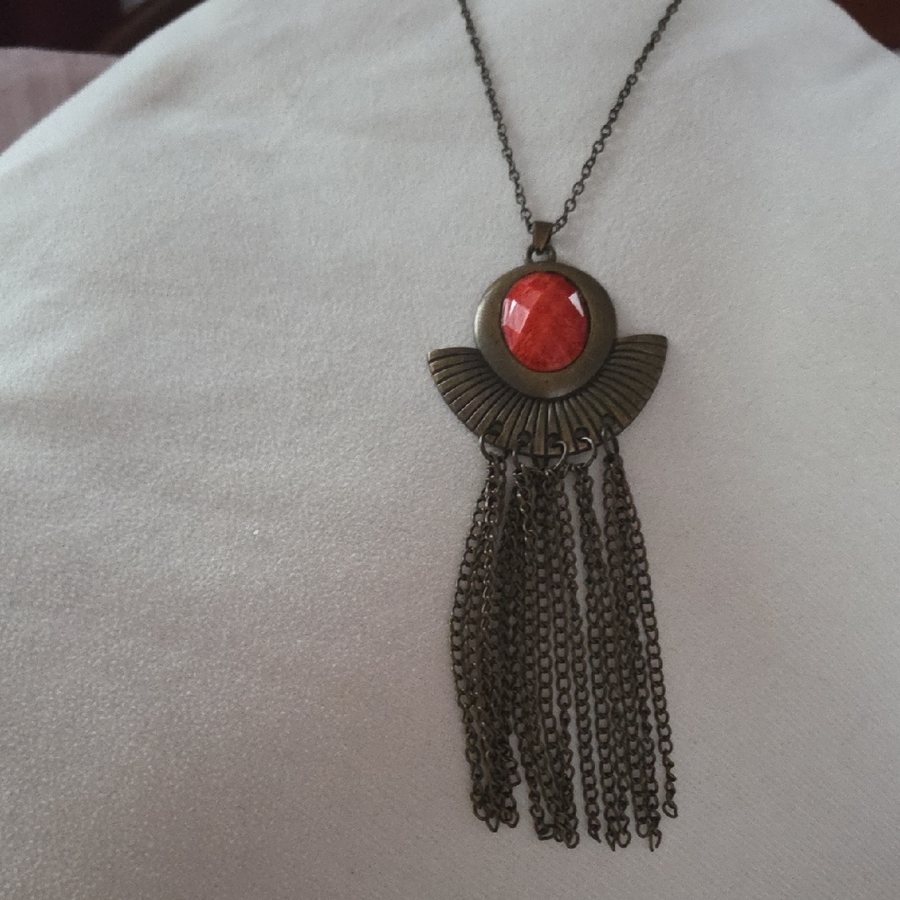 Artisan Bronze Necklace with Red Accent